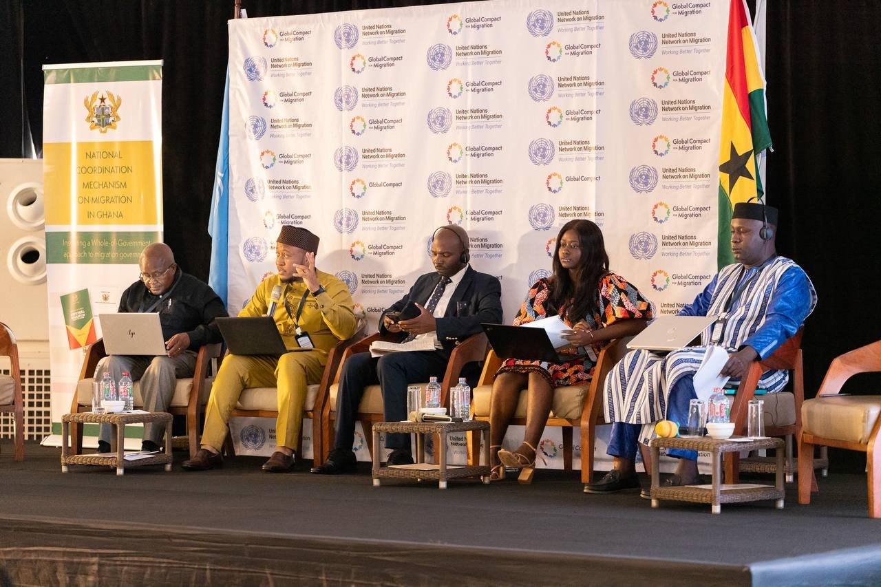 Asaase Yaa representative speaking on a United Nations Network on Migration panel in Ghana